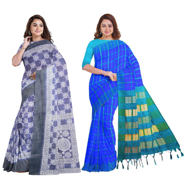 Hira Silk Cotton Saree for Women, Printed Sari with Unstitched Blouse Piece - Pack of 2