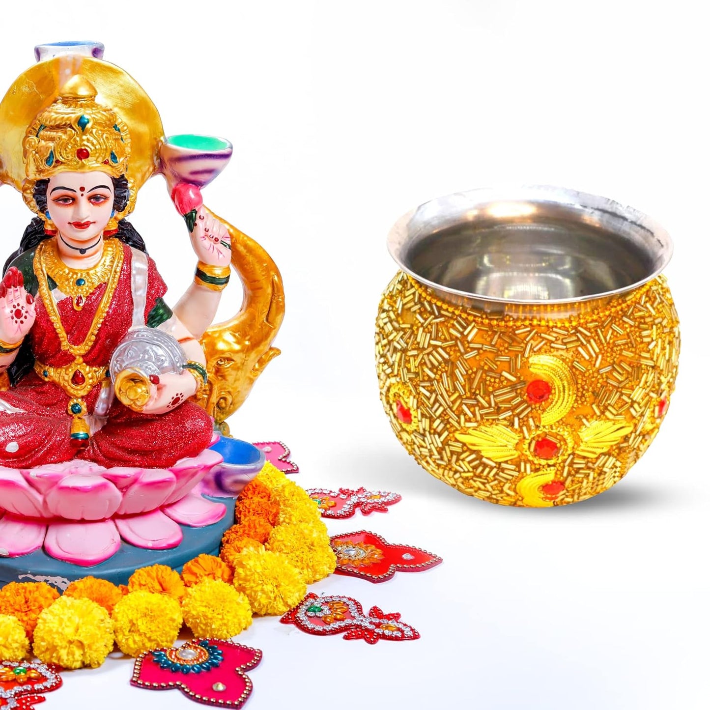 Santarms Handcrafted Home Pooja Kalash Lota for Festival Beautiful Handcraft Decorated Lota - Kalash - Chambu - Tumbler for Pooja, Pongal, Sankranti Puja, Wedding Marriage, Diwali