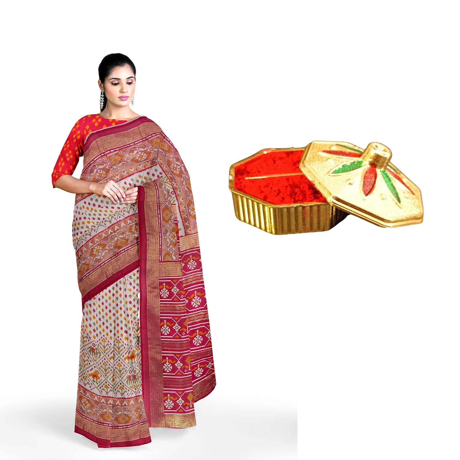 Hira Silk South Cotton Saree with Unstitched Blouse, Kumkum Box and Sindoor for Women