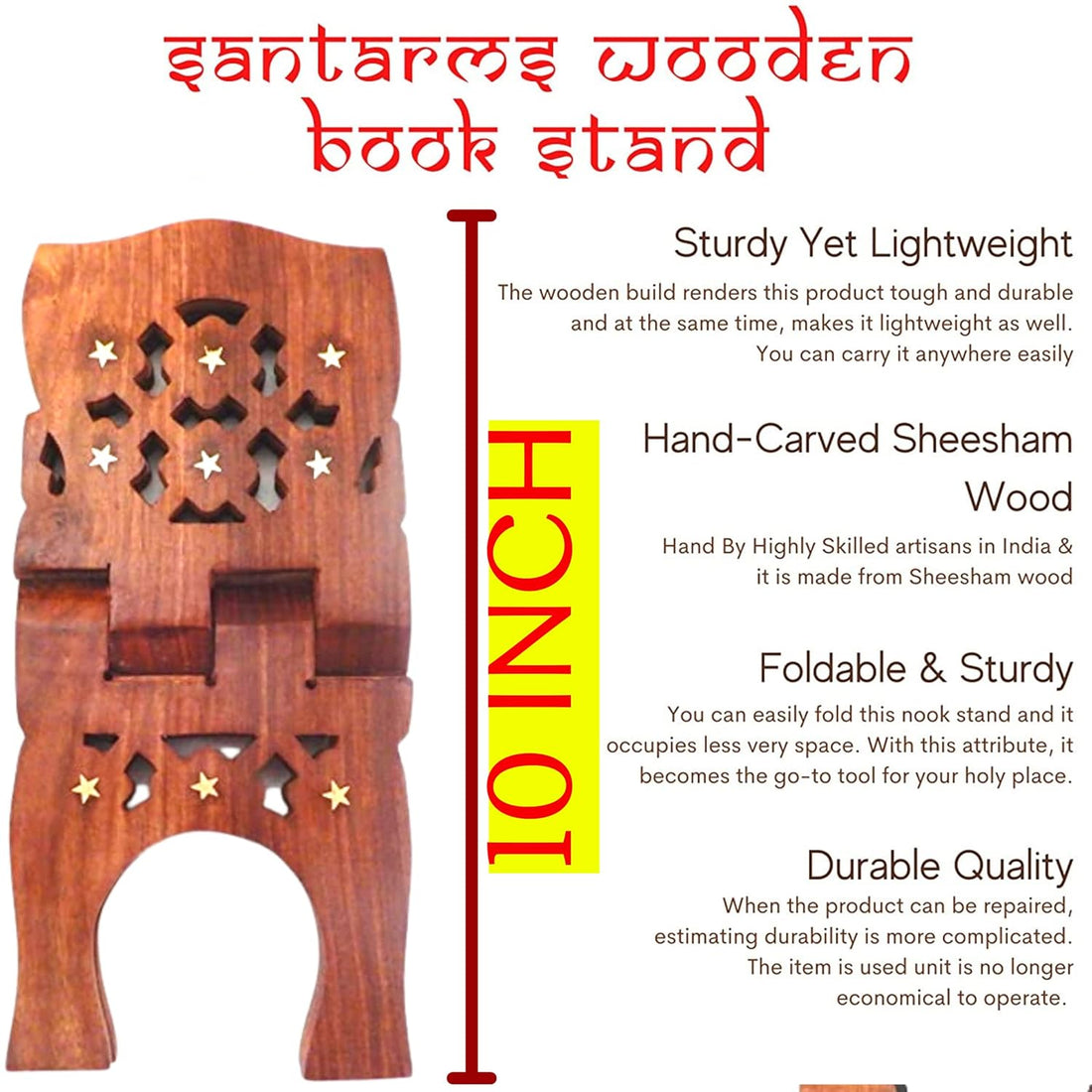 Santarms� Wooden rehal for Quran Big Size - Strong Built Quality | Handcrafted Holy Book Stand | (10 INCH)