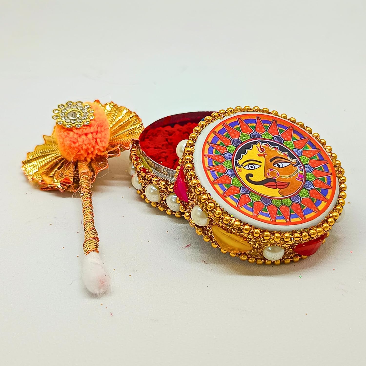 santarms Aluminium Kumkum Box with Sindoor and Stick, Designer Stone Moti Dibbi/Dabbi - Pack of 1