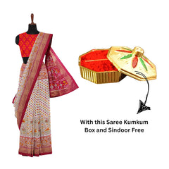 Hira Silk South Cotton Saree with Unstitched Blouse, Kumkum Box and Sindoor for Women