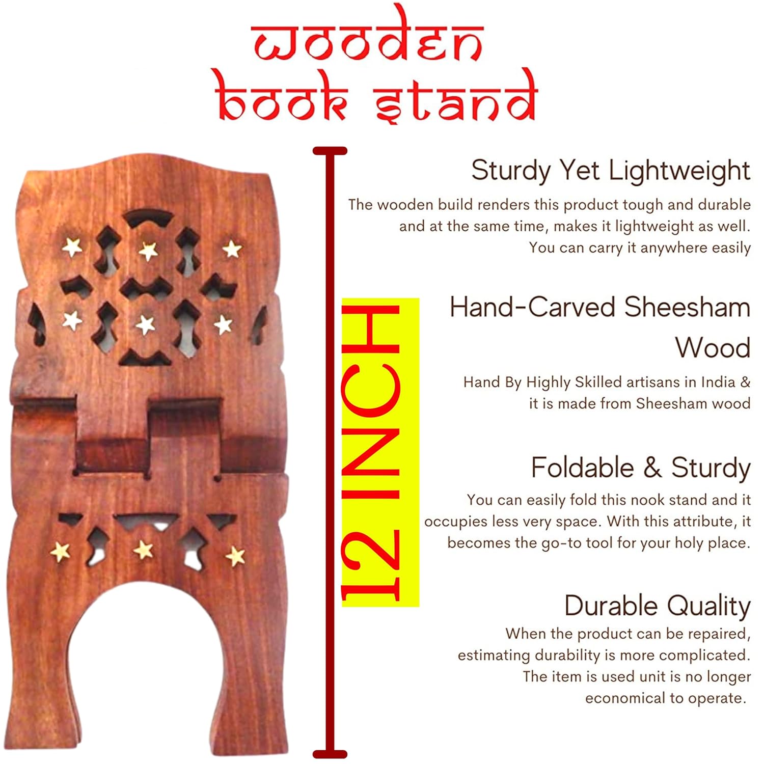 Santarms Wooden Holy Bible Books Stand Foldable | Book for Reading Rihal Best Gift Bride or Bridal - Geeta Gita Quran Box Sharif Bibal Granth Saheb Rehal Ramayan Prayer Documents Stands Size: 12 Inch