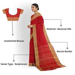 Hira Silk Kanjivaram Saree with Unstitched Blouse, Kumkum Box and Sindur, Banarasi Silk Sari for Women