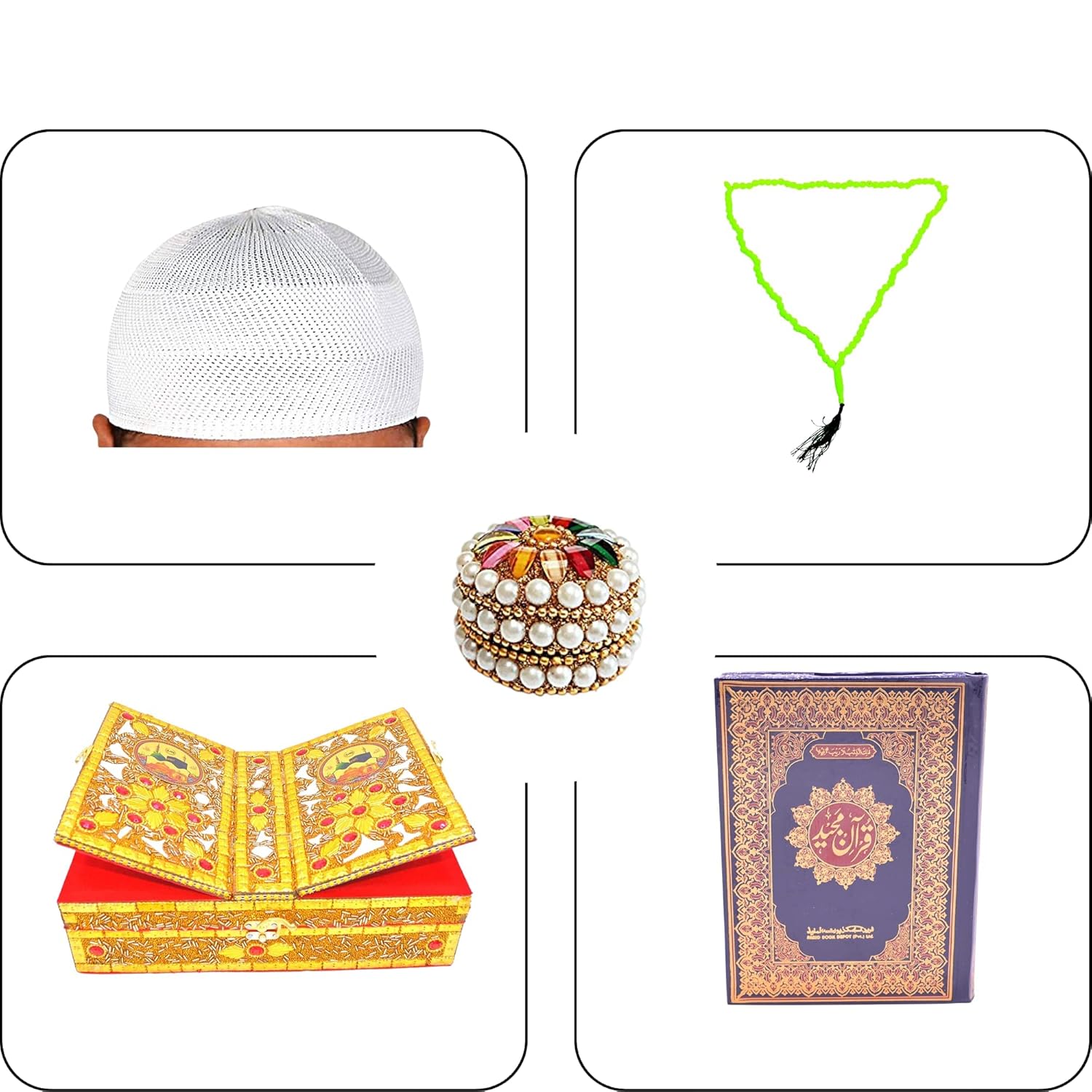 Santarms Holy Quran Book (in arabic) with Quran rehal Box, Tasbih Islamic Salat Prayer Tasbeeh, Jewelry Box / Kumkum Box, Namaz Cap Or Topi Gift Or Gifts For Eid Al-Fitr Ramadan 2024, COMBO SET