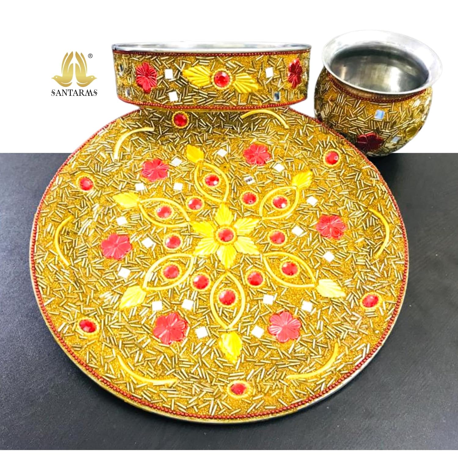 Santarms Karva Chauth Thali, Lota, Kalash Set for Pooja Decorative Items - Pack of 1
