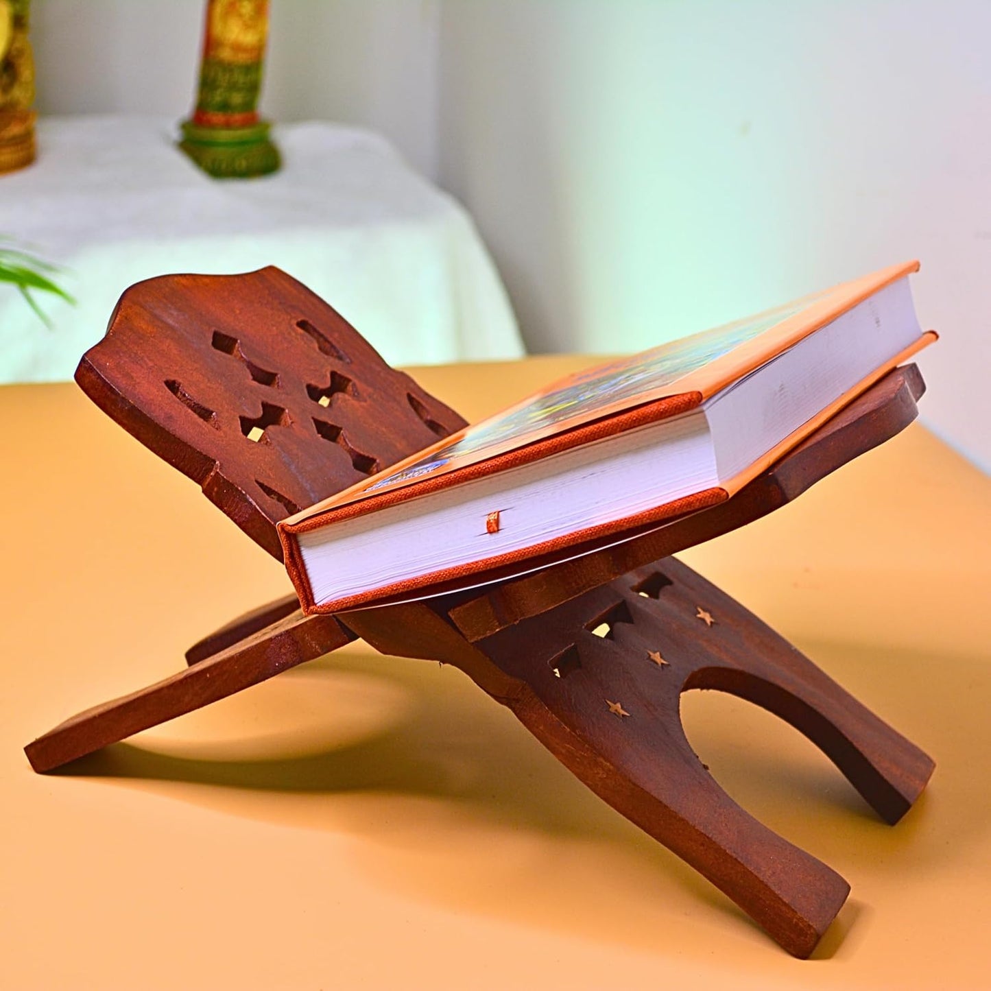 santarms Geeta stand wooden for reading handmade fordable wooden book stand | stand for reading | bhagwat geeta stand | ramayan stand pooja stand wooden bhagwat geeta in hindi original book with stand