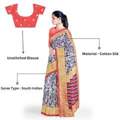 Hira Silk South Cotton Saree with Unstitched Blouse, Kumkum Box and Sindur for Women