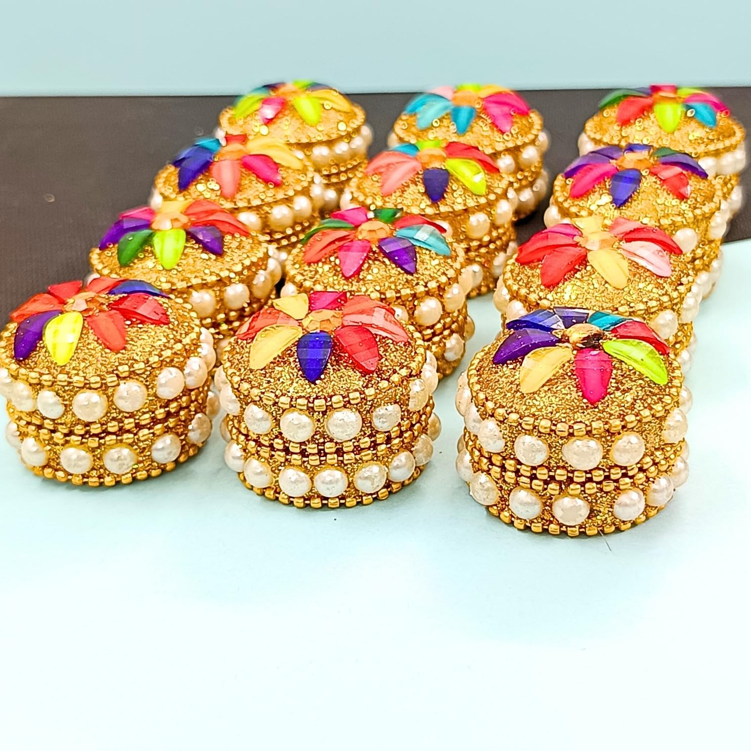 santarms Kumkum Box Set, Puja Round Sindur Dani Dabbi, Beautifully Designed Moti Dibbi (Pack of 12)