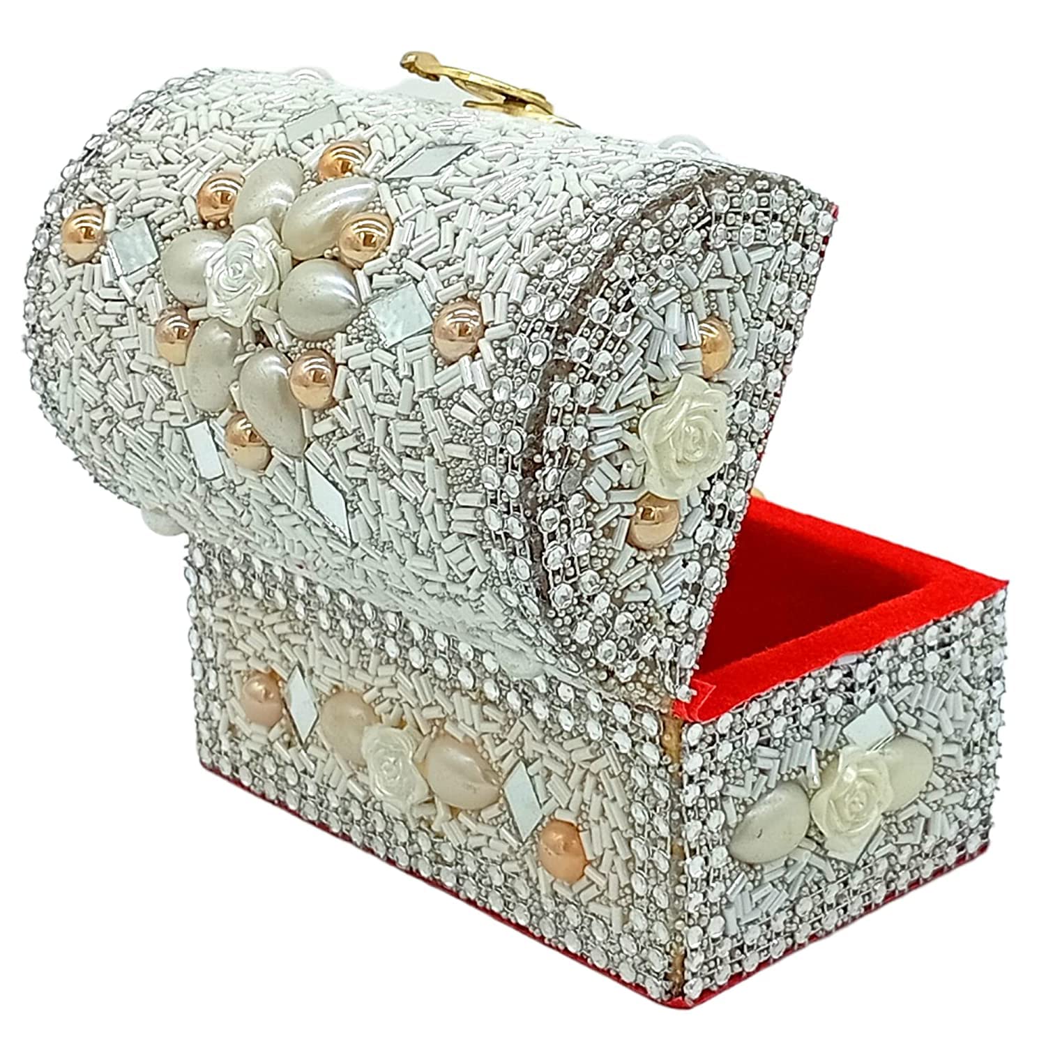 santarms Wooden Jewellery Box with Lock, White Vanity with Beads Work Craft, Handmade Shringar Box for Women, Wedding, Dulhan, Valentine Gift, Makeup Storage Box - Pack of 1