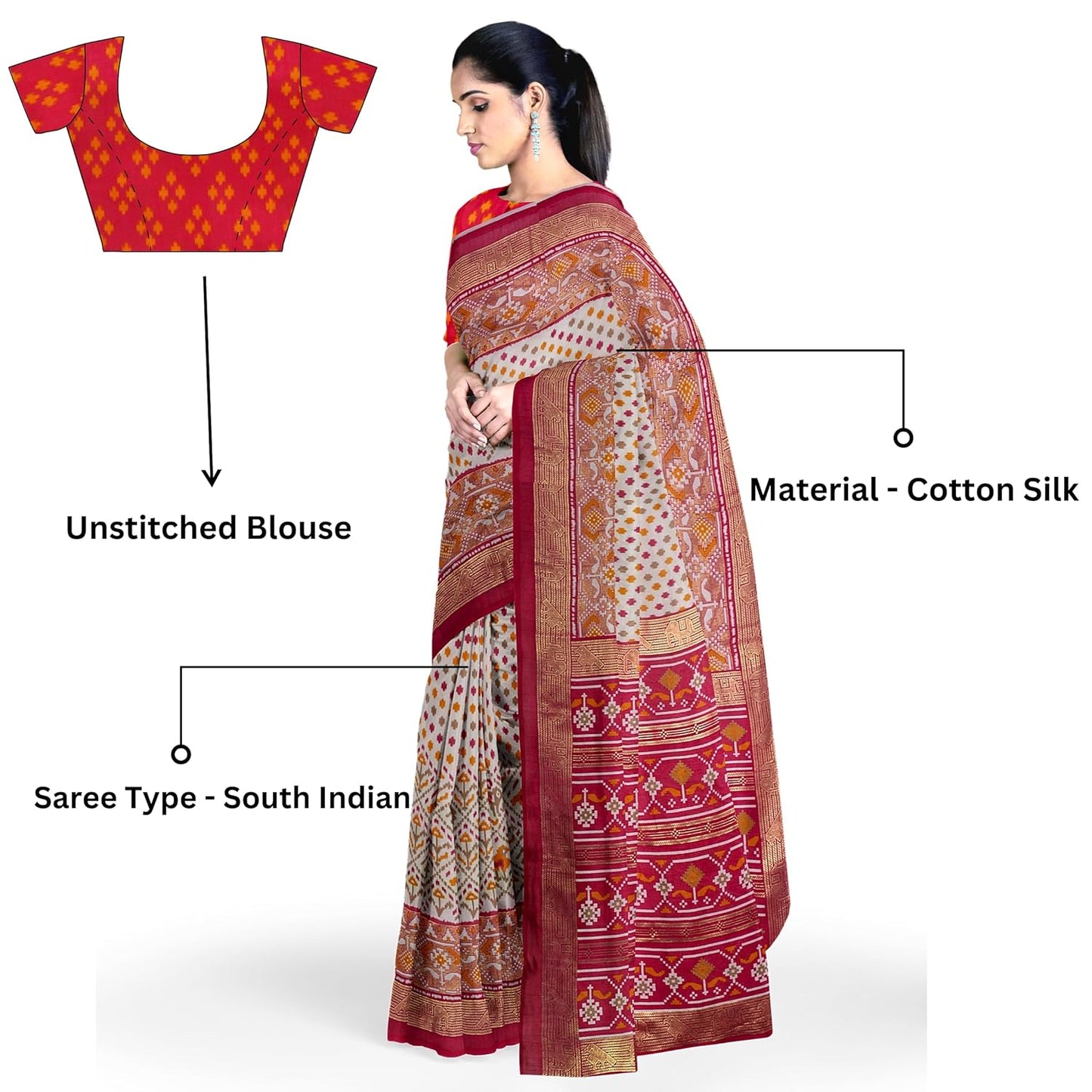 Hira Silk South Cotton Saree with Unstitched Blouse, Kumkum Box and Sindoor for Women
