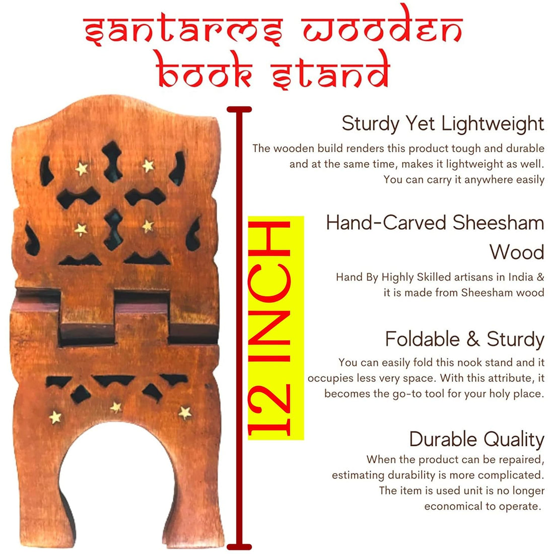 Santarms Wooden Holy Quran Sharif Book Reading Holder Rihal Stand Foldable | Handmade Quraan Stand Folding Rehal Best Kuran Shelf Rahel Items for Bride Size : 12 Inch