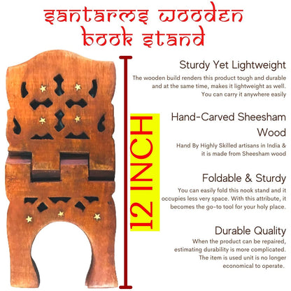 Santarms Wooden Holy Quran Sharif Book Reading Holder Rihal Stand Foldable | Handmade Quraan Stand Folding Rehal Best Kuran Shelf Rahel Items for Bride Size : 12 Inch