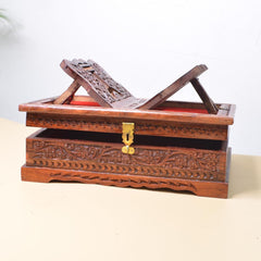 Santarms Wooden Decor Holy Book Stand Box for Reading Quran, Geeta, Guru Granth Sahib, Bible | Book Box with Intricate Carving - Ideal for Diwali Gift