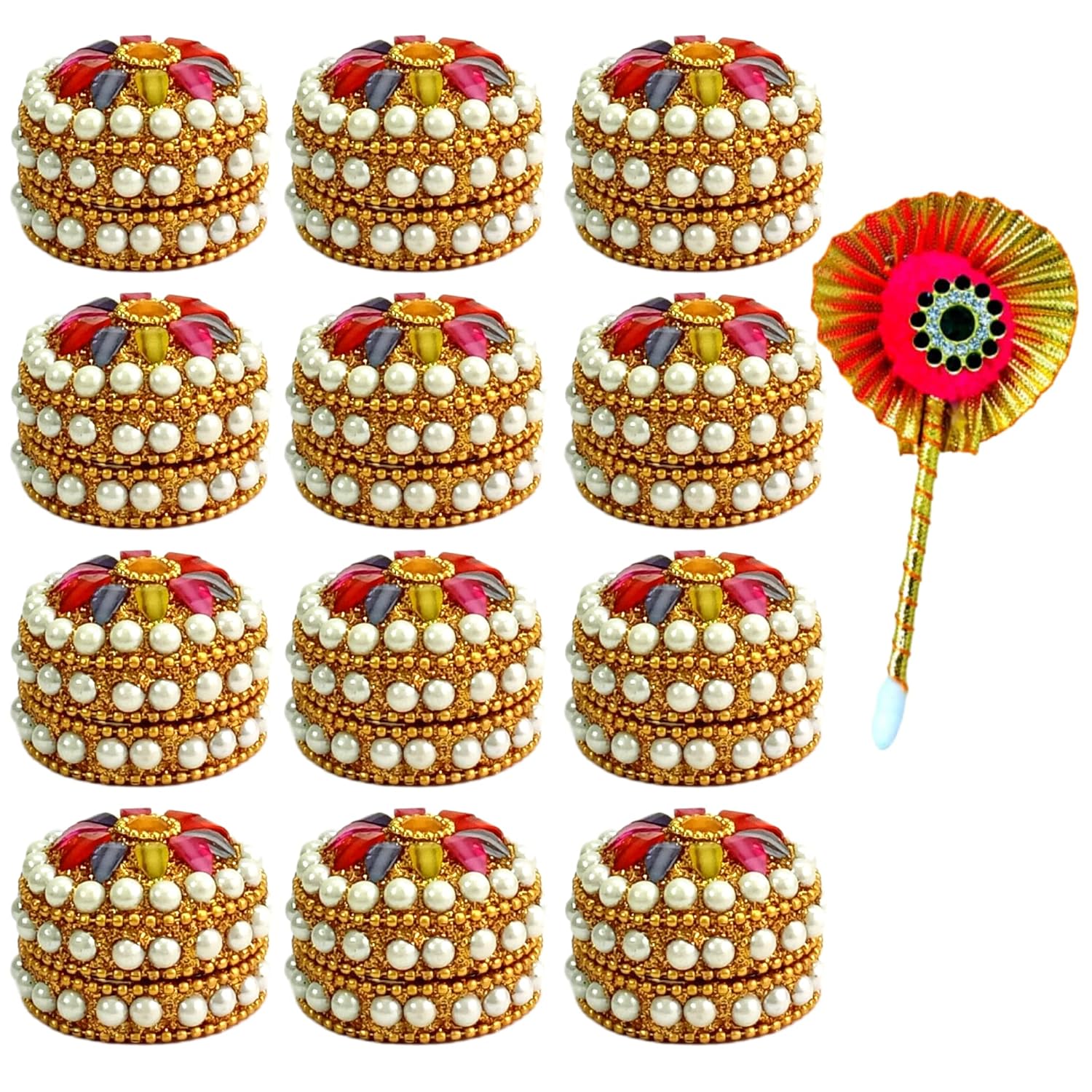 kumkum Box with Tilak Stick - sindoor refillable for Married Women Shadi ka Gift puja Aluminum Round sindur shringar dani dabbi Beautiful Handcrafted Gifting moti dibbi | Fancy Decoration (Set of 12)