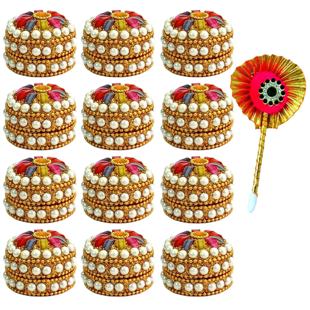 kumkum Box with Tilak Stick - sindoor refillable for Married Women Shadi ka Gift puja Aluminum Round sindur shringar dani dabbi Beautiful Handcrafted Gifting moti dibbi | Fancy Decoration (Set of 12)