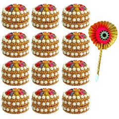 kumkum Box with Tilak Stick - sindoor refillable for Married Women Shadi ka Gift puja Aluminum Round sindur shringar dani dabbi Beautiful Handcrafted Gifting moti dibbi | Fancy Decoration (Set of 12)