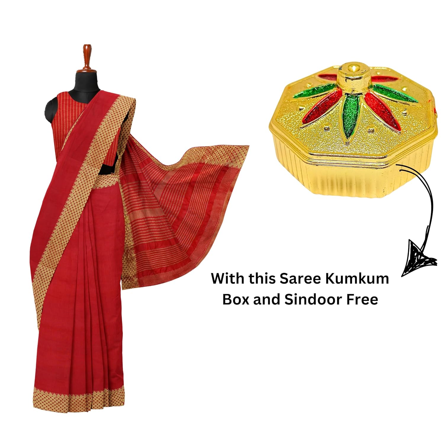 Hira Silk Kanjivaram Saree with Unstitched Blouse, Kumkum Box and Sindur, Banarasi Silk Sari for Women