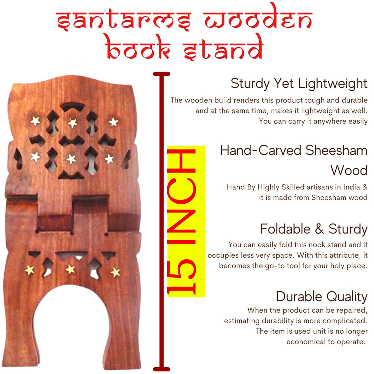 Santarms Book Stand for Reading | Holder Bible Home Rehal Quran Ramayan Wooden Geeta Granth Best Gift Grah Parvesh (15 INCH)