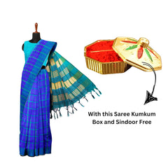 Hira Silk Cotton Saree with Unstitched Blouse Piece, Kumkum Box and Sindur - Combo Pack