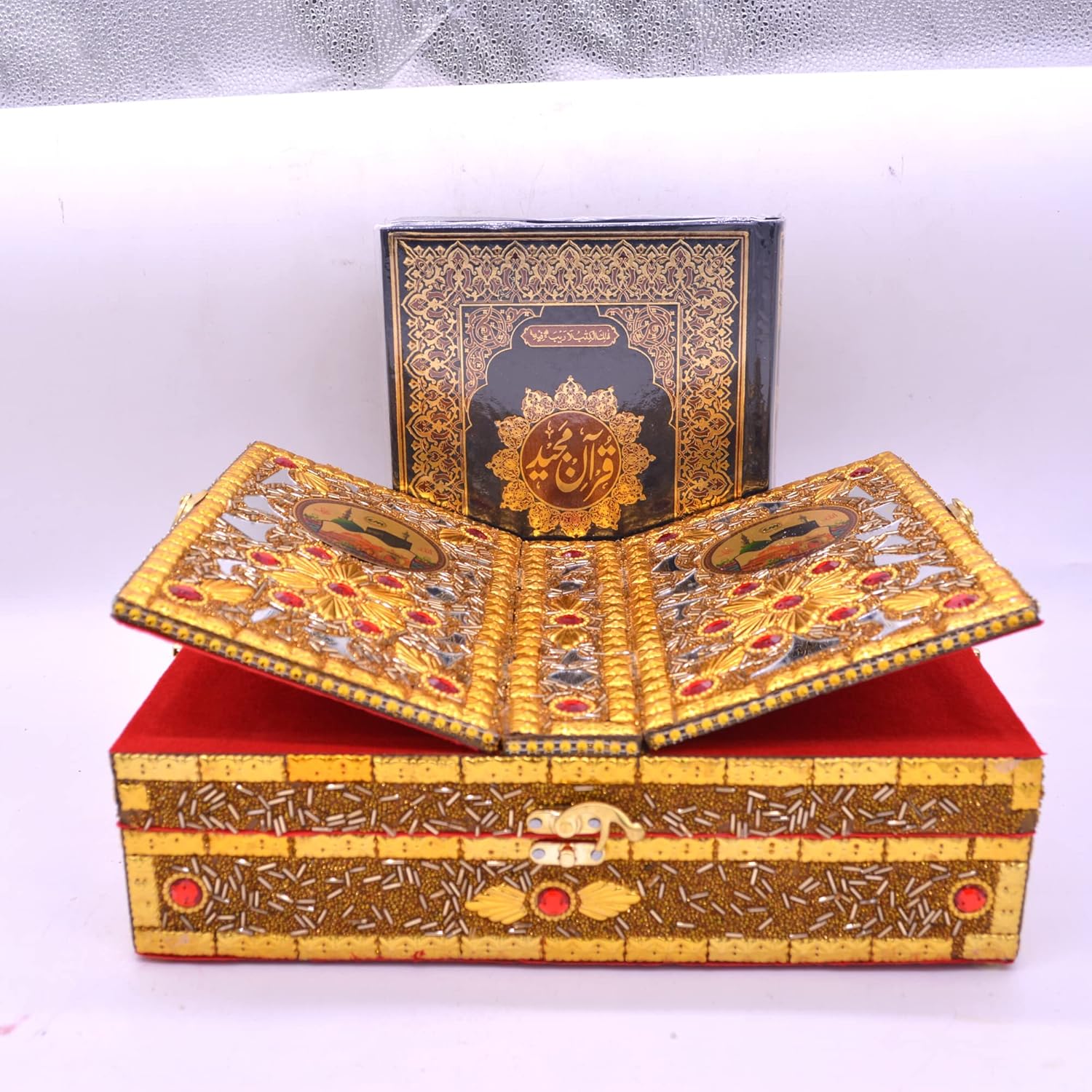 santarms Wooden Quran Box with holy Quran Book rehal Books Stand fordable | rihal for Book Reading | Gift eid Ramadan Kareem (Golden)