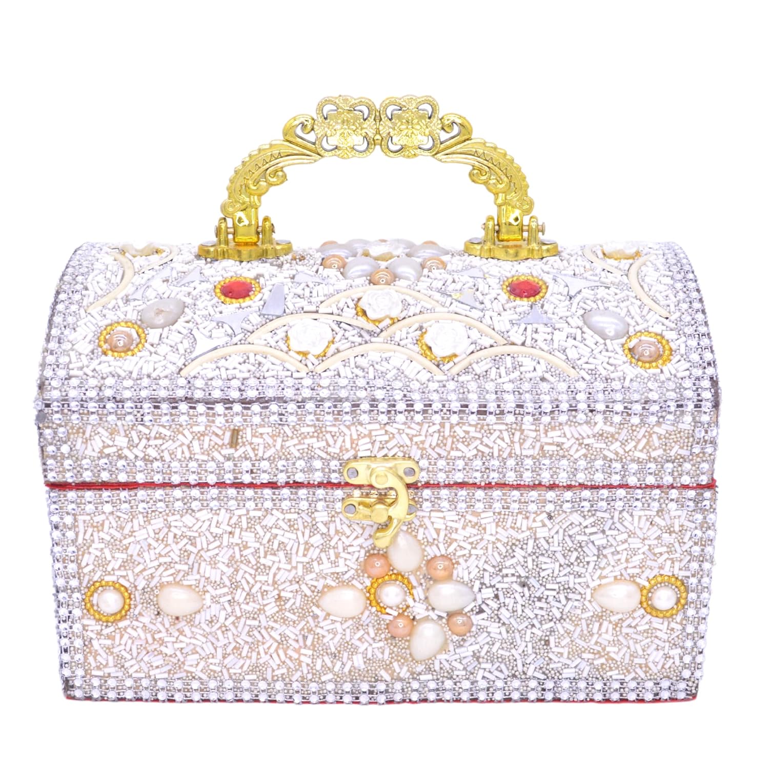 santarms Wooden Vanity Box for Women Bride Bridal - Professional Cosmetic Makeup Kit Storage Organizer with Compartment, Rajwada Jewellery Box with Lock System | Singardani (White), PACK OF 1