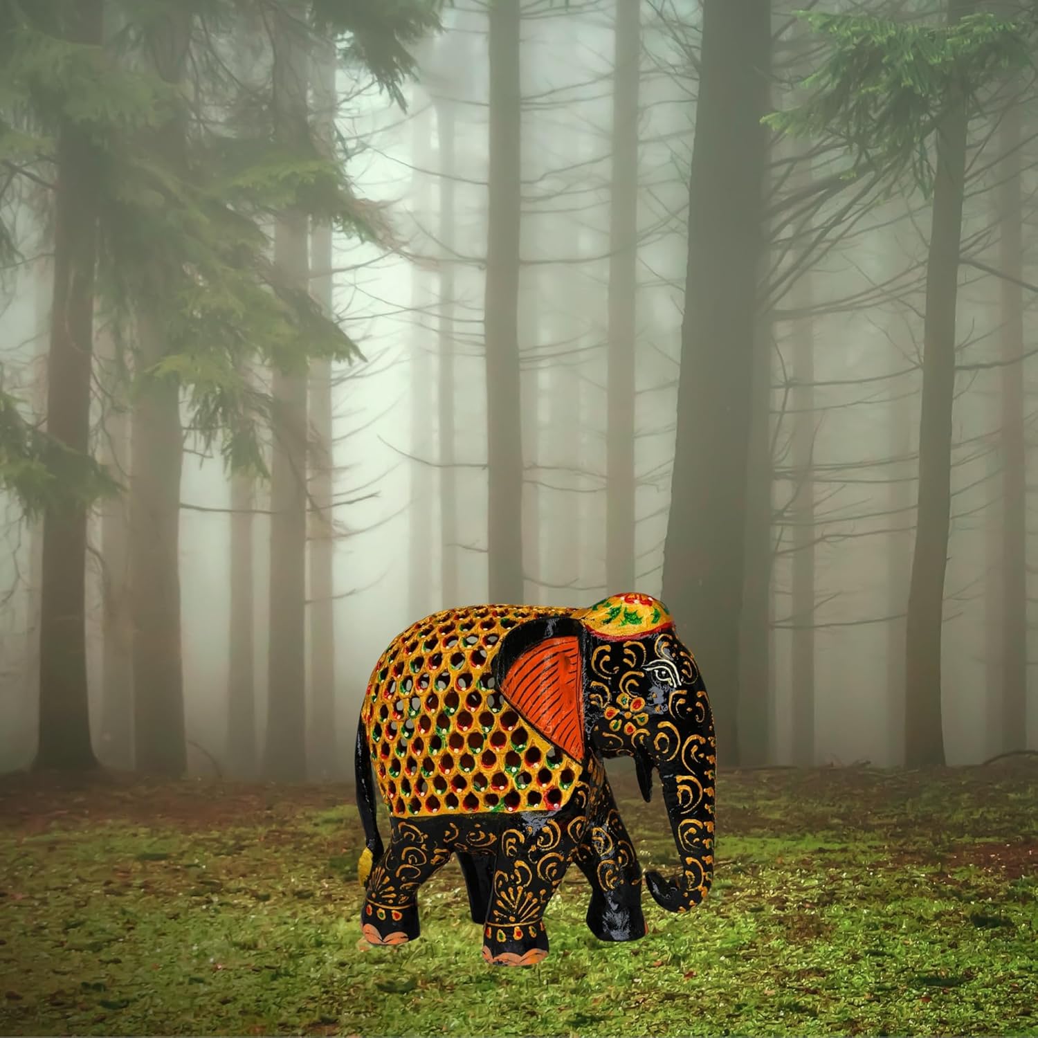 santarms Handcraft Wooden Jali Elephant(16 cm) (Multicolour)-Home Decor/Table Decor/Office Decor-Handicraft Sculpture Animal Show Piece Art & Craft Decoration fingurine-Best for Gifting