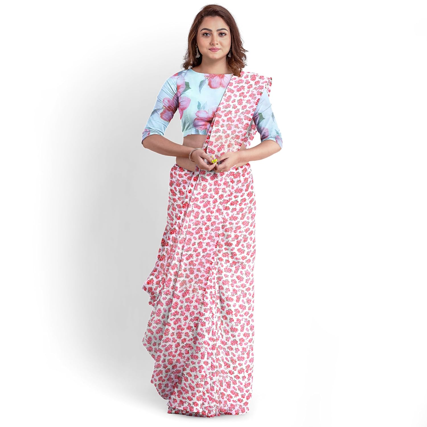 Hira Silk Organza Saree for Women,Printed Shiny Sari with Unstitched Blouse Piece
