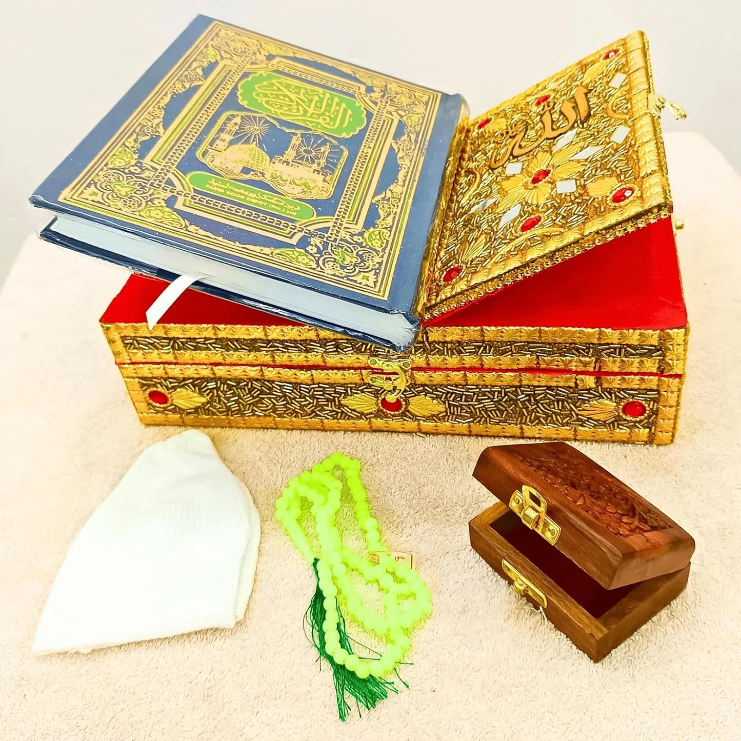 Santarms Wooden Holy Quran Pak Sharif Rehal Book Stand with Box Rihal for Kuran Shrif, Eid Gift, Inlay Work, Free (1 NAMAZ Cap + 1 Tasbih) Combo Pack