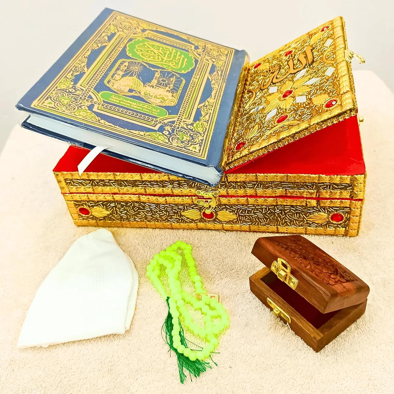 Santarms Wooden Holy Quran Pak Sharif Rehal Book Stand with Box Rihal for Kuran Shrif, Eid Gift, Inlay Work, Free (1 NAMAZ Cap + 1 Tasbih) Combo Pack