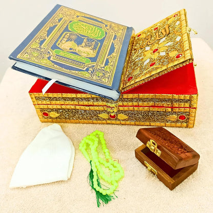 Santarms Wooden Holy Quran Pak Sharif Rehal Book Stand with Box Rihal for Kuran Shrif, Eid Gift, Inlay Work, Free (1 NAMAZ Cap + 1 Tasbih) Combo Pack