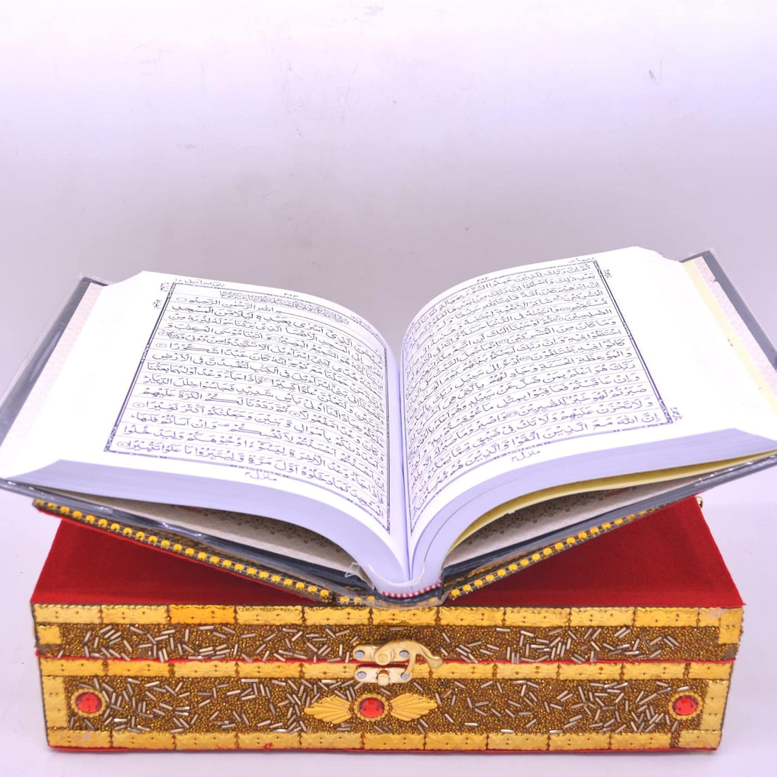 santarms Wooden Quran Box with holy Quran Book rehal Books Stand fordable | rihal for Book Reading | Gift eid Ramadan Kareem (Golden)