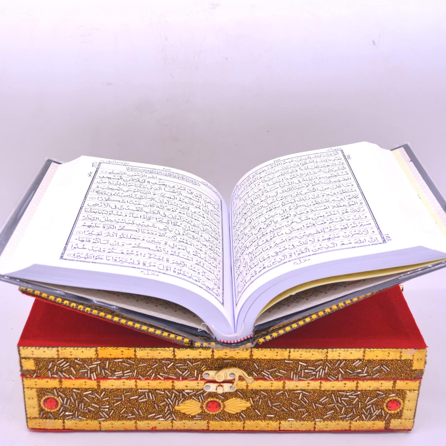 santarms Wooden Quran Box with holy Quran Book rehal Books Stand fordable | rihal for Book Reading | Gift eid Ramadan Kareem (Golden)