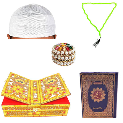 Santarms Holy Quran Book (in arabic) with Quran rehal Box, Tasbih Islamic Salat Prayer Tasbeeh, Jewelry Box / Kumkum Box, Namaz Cap Or Topi Gift Or Gifts For Eid Al-Fitr Ramadan 2024, COMBO SET