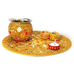 Santarms Pooja Thali with Kalash, Kumkum Boxes and Diya for Pooja Decoration
