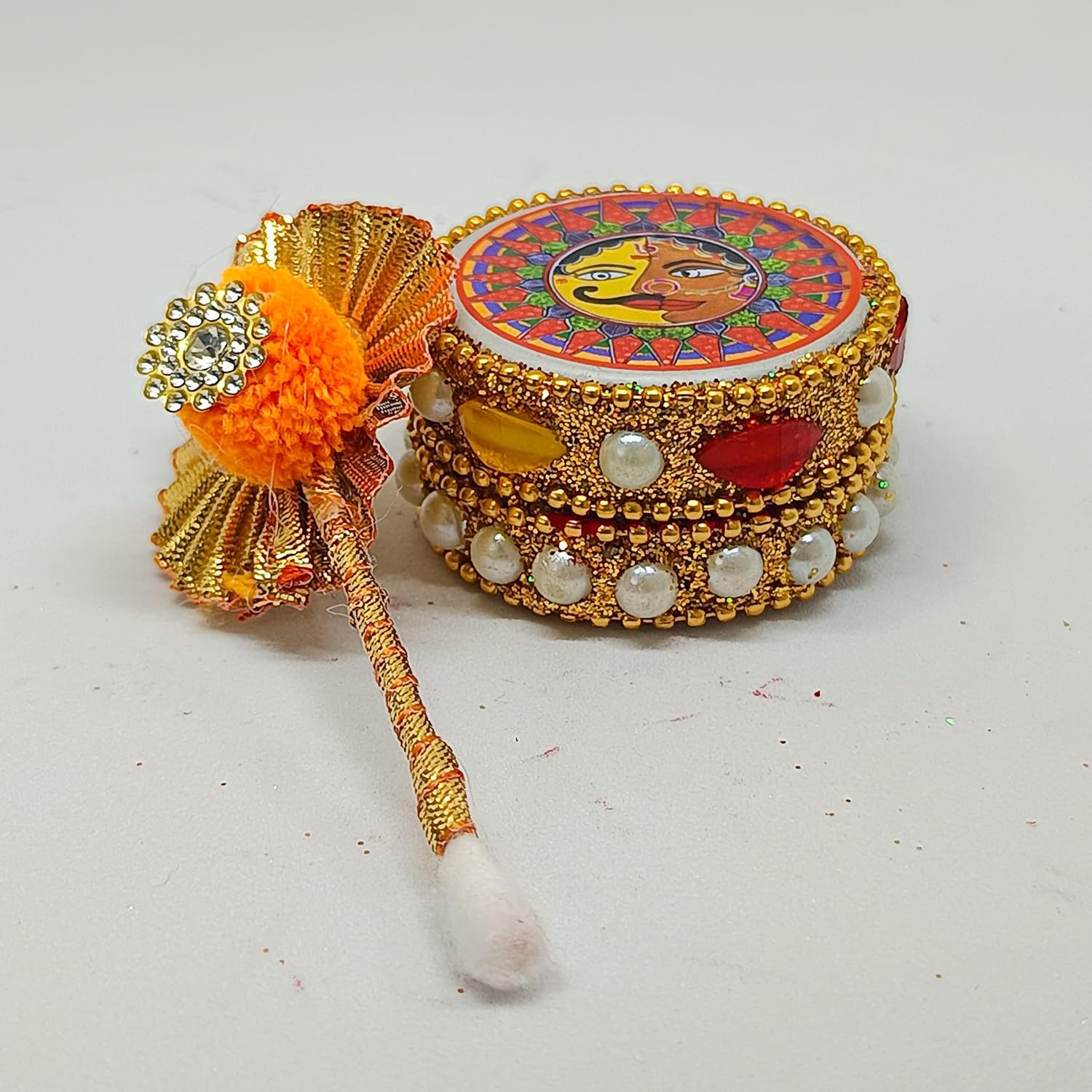 santarms Aluminium Kumkum Box with Sindoor and Stick, Designer Stone Moti Dibbi/Dabbi - Pack of 1