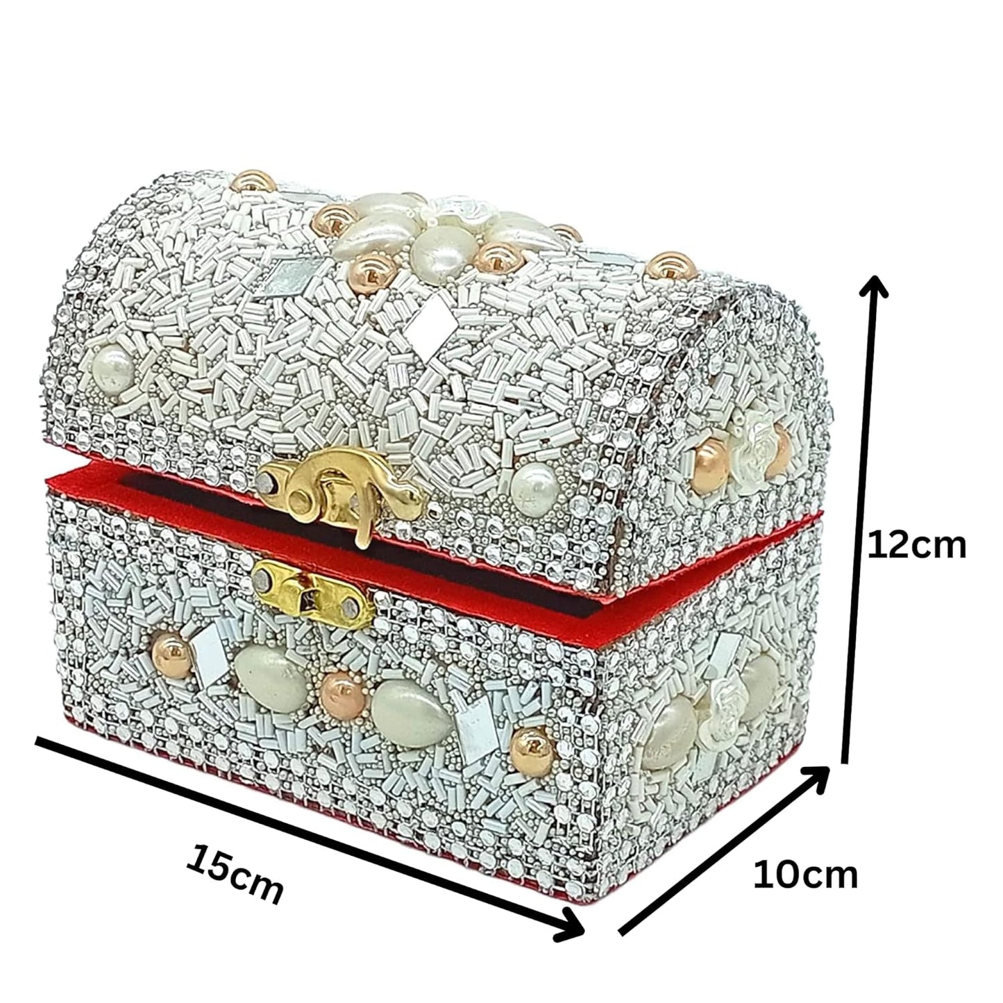 santarms Wooden Jewellery Box with Lock, White Vanity with Beads Work Craft, Handmade Shringar Box for Women, Wedding, Dulhan, Valentine Gift, Makeup Storage Box - Pack of 1