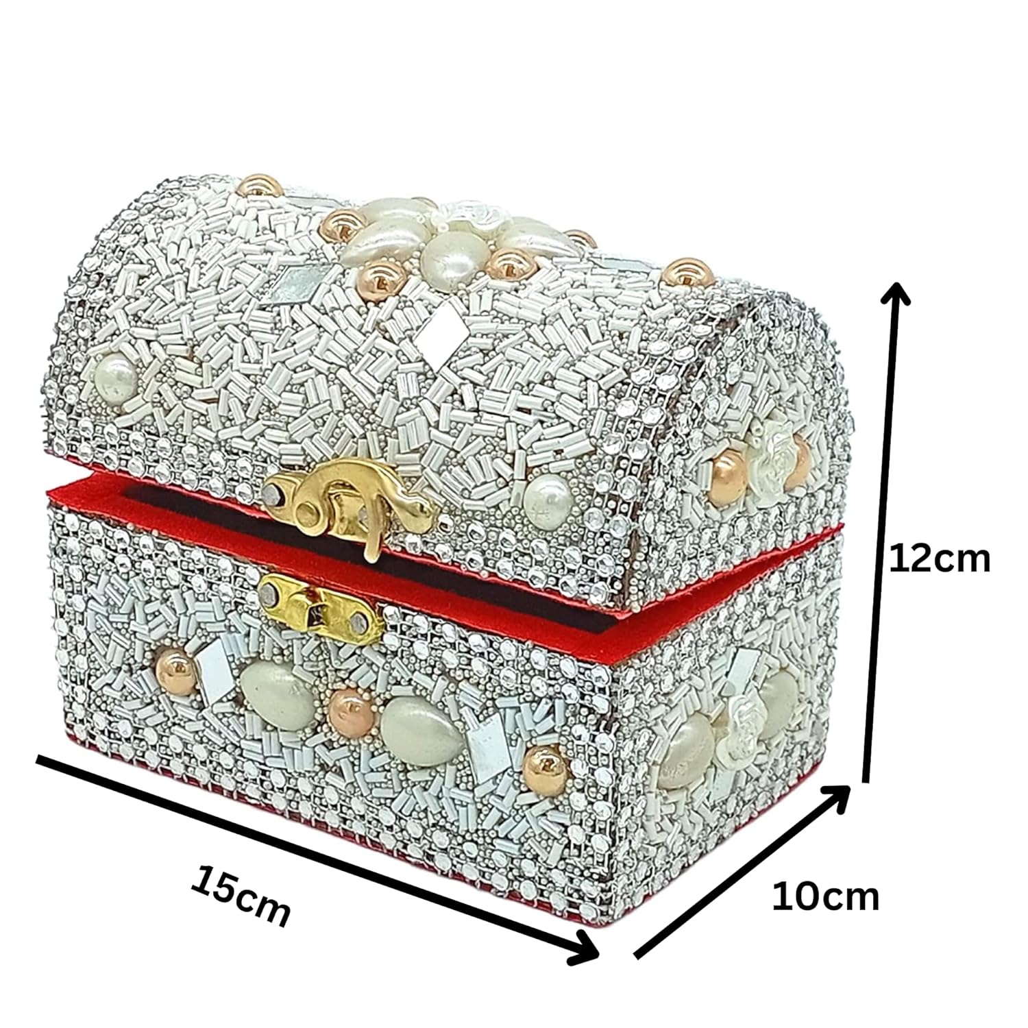 santarms Wooden Jewellery Box with Lock, White Vanity with Beads Work Craft, Handmade Shringar Box for Women, Wedding, Dulhan, Valentine Gift, Makeup Storage Box - Pack of 1