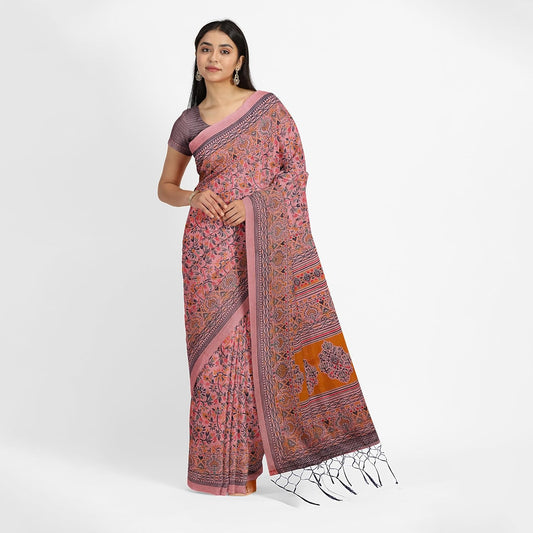 Hira Silk Kalamkari Saree with Unstitched Blouse Piece, Kumkum Box, Sindur for Women