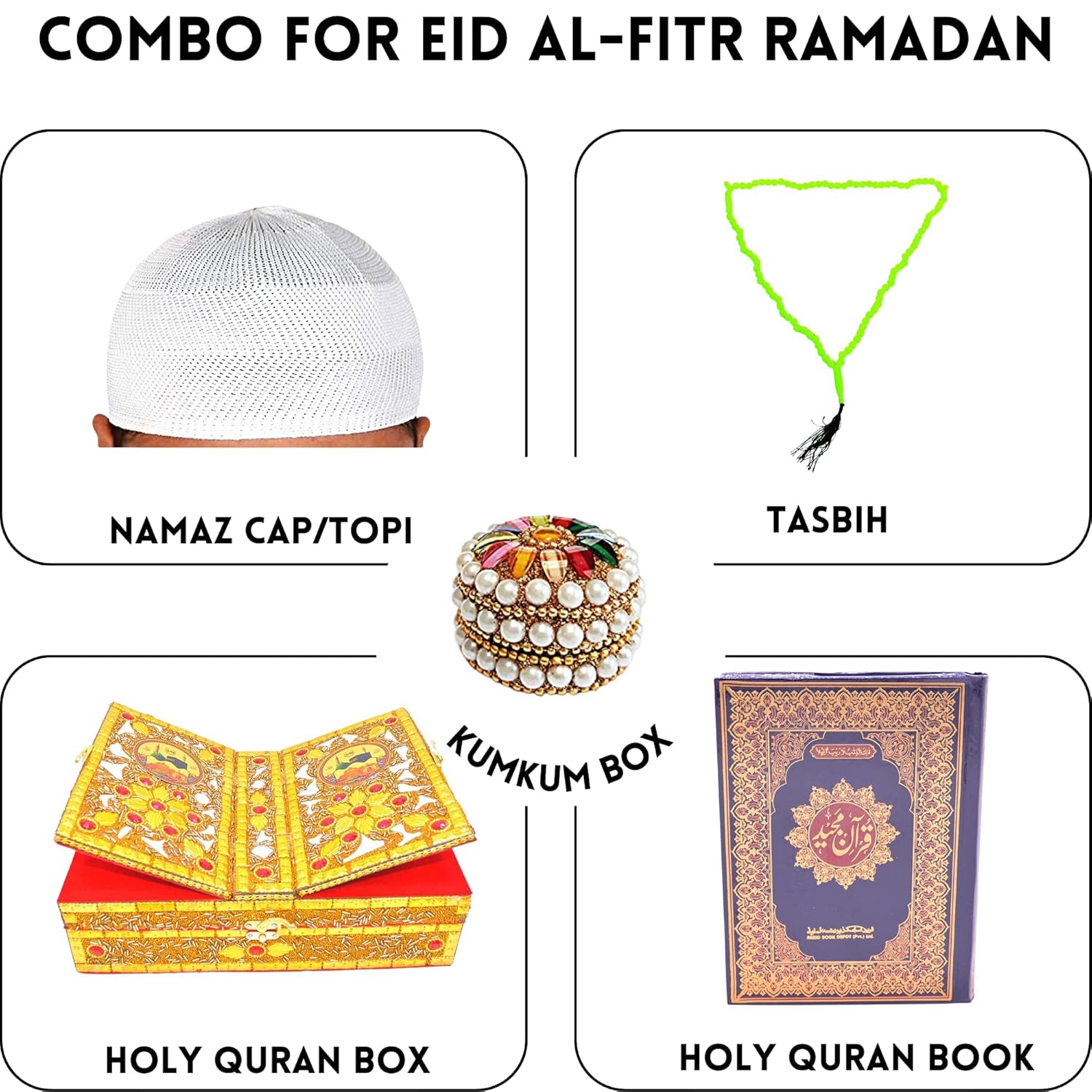 Santarms Holy Quran Book (in arabic) with Quran rehal Box, Tasbih Islamic Salat Prayer Tasbeeh, Jewelry Box / Kumkum Box, Namaz Cap Or Topi Gift Or Gifts For Eid Al-Fitr Ramadan 2024, COMBO SET