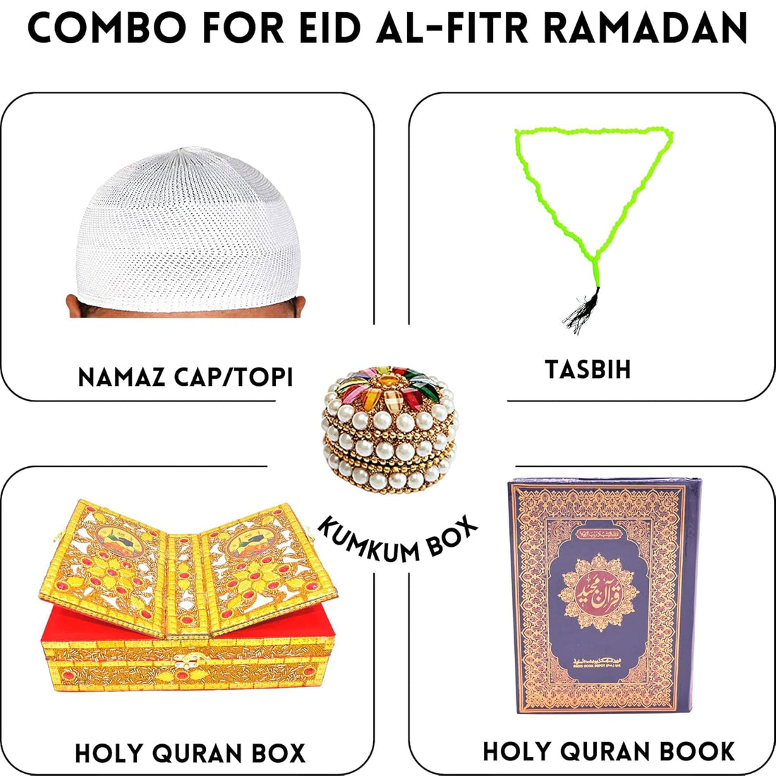 Santarms Holy Quran Book (in arabic) with Quran rehal Box, Tasbih Islamic Salat Prayer Tasbeeh, Jewelry Box / Kumkum Box, Namaz Cap Or Topi Gift Or Gifts For Eid Al-Fitr Ramadan 2024, COMBO SET