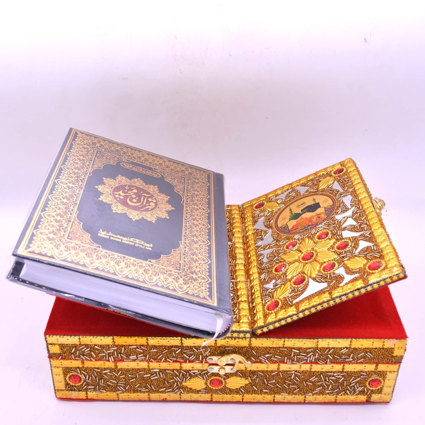 santarms Wooden Quran Box with holy Quran Book rehal Books Stand fordable | rihal for Book Reading | Gift eid Ramadan Kareem (Golden)