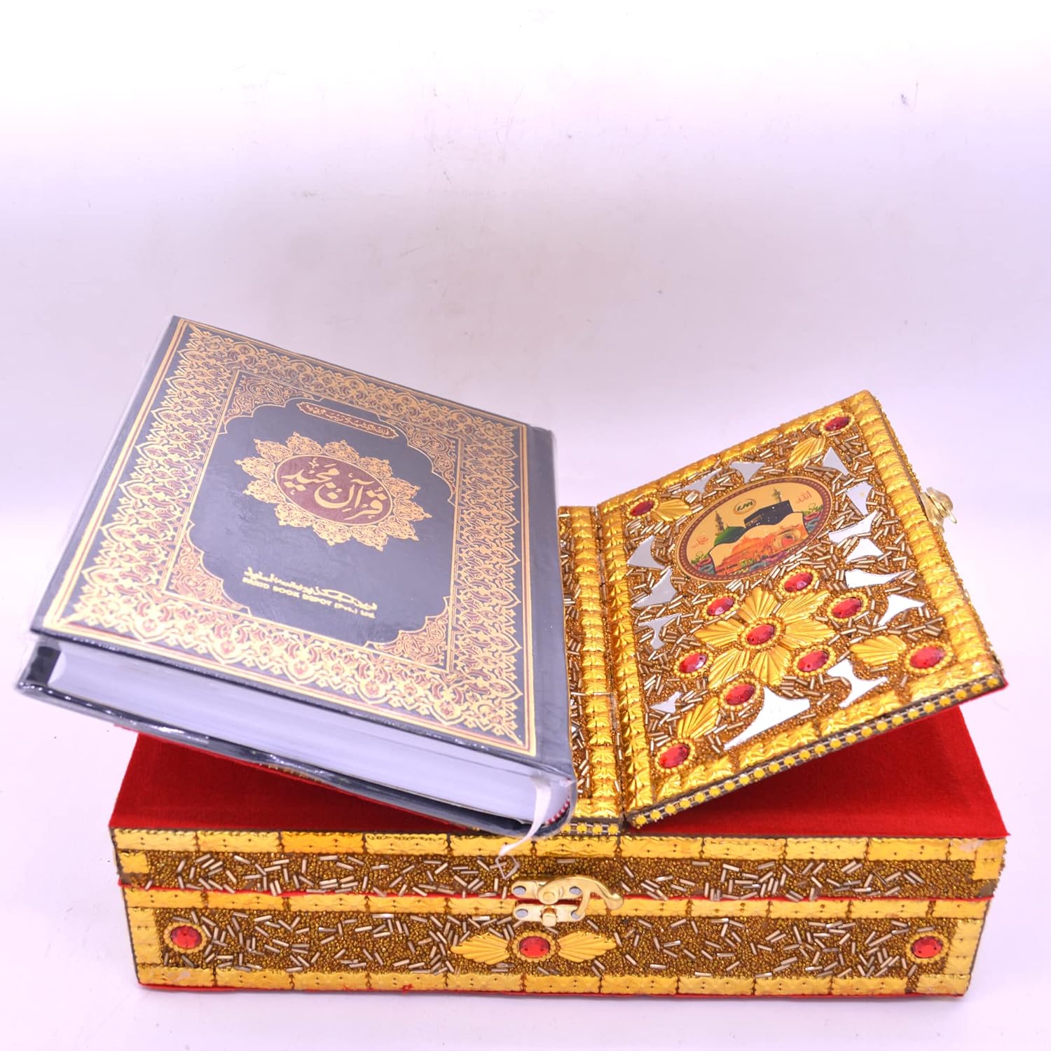santarms Wooden Quran Box with holy Quran Book rehal Books Stand fordable | rihal for Book Reading | Gift eid Ramadan Kareem (Golden)