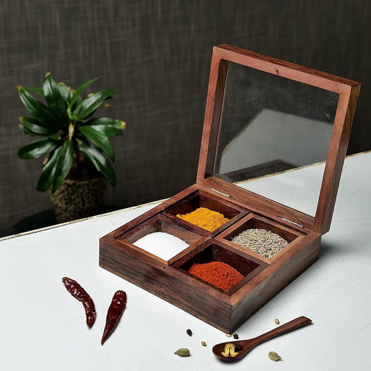 santarms handmade wooden masala box for kitchen Spice Boxes wooden dry fruit box 4 container dry fruits box - snacks box, masala box, use as jewellery box or chocolate box