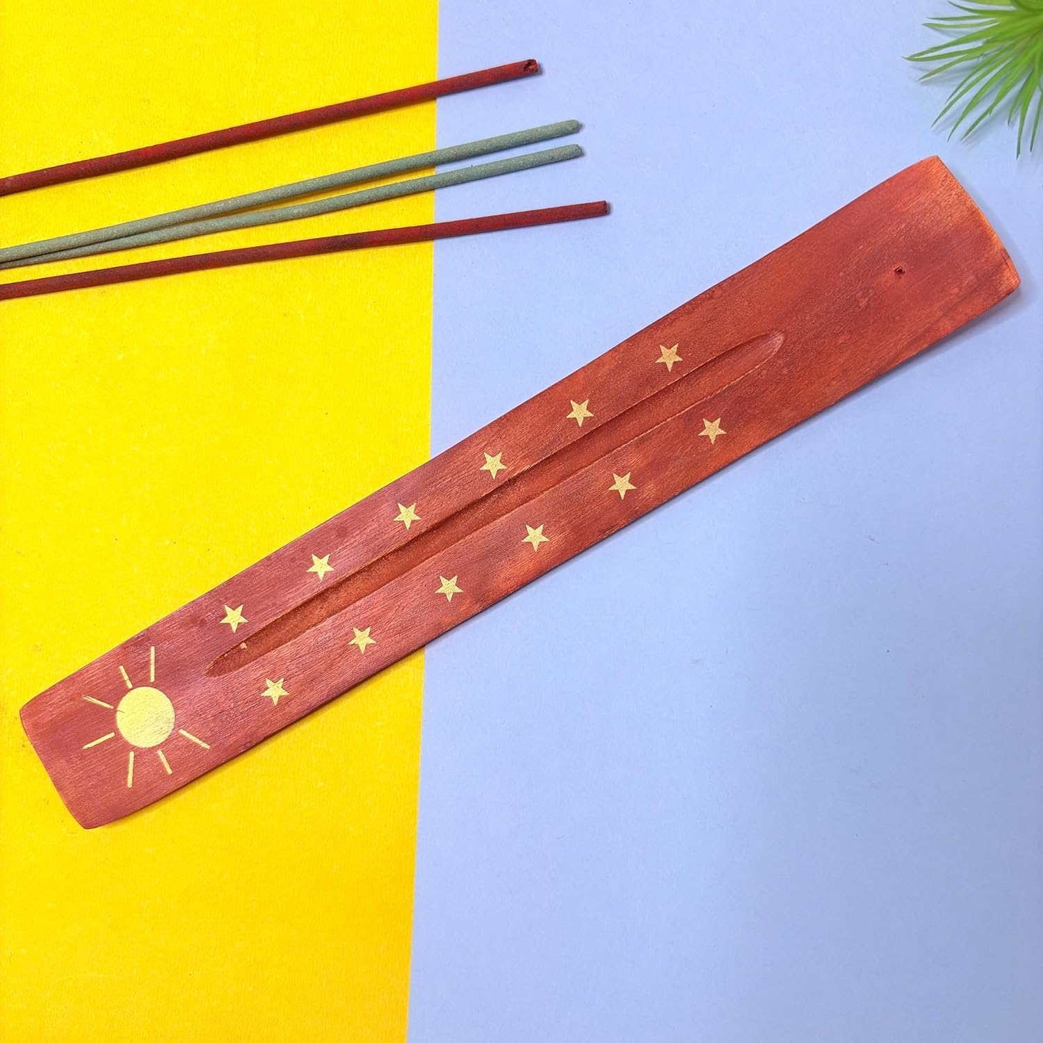 Santarms Handmade Wooden Incense Stick Holder – Agarbatti Stand Ash Catcher with Floral Design for Home Office Temple Decoration Meditation Yoga - 10 * 1.5 inch