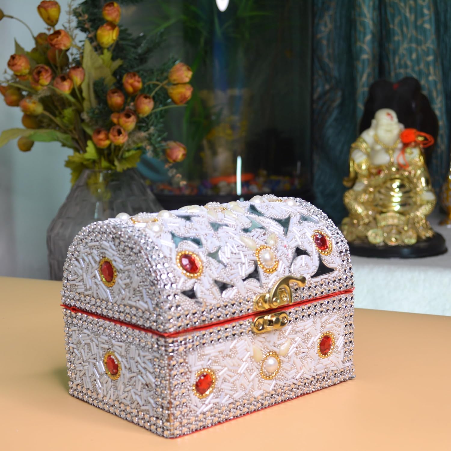 santarms Wooden Jewellery Box with Lock, White Vanity with Beads Work Craft, Handmade Shringar Box for Women, Wedding, Dulhan, Valentine Gift, Makeup Storage Box - Pack of 1