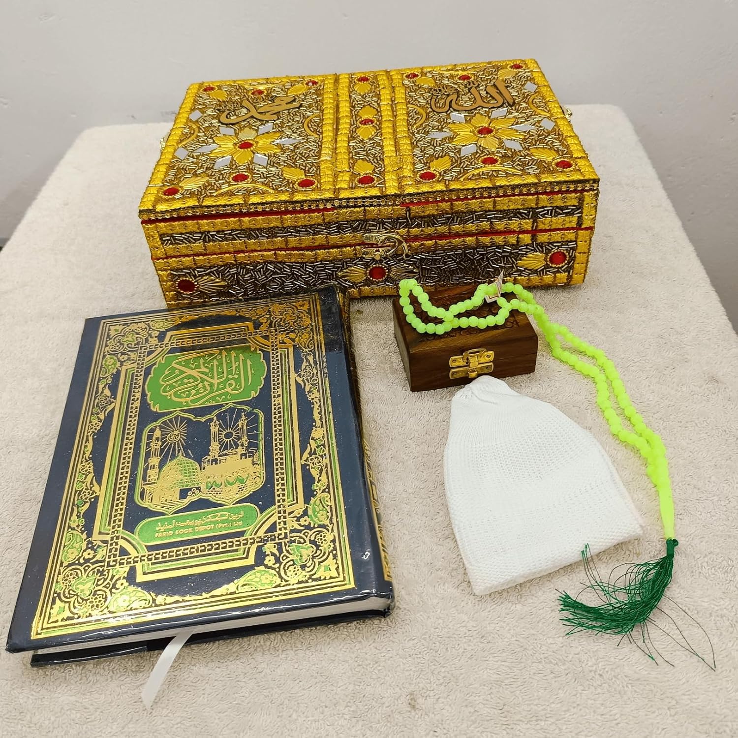 santarms Handmade Quran Box: Foldable Wooden Rehal Holy Books Stand - A Divine Accessory for Bridal Sharif with Small Jewelry COMBO SET