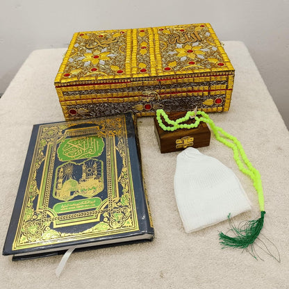 Santarms Wooden Holy Quran Pak Sharif Rehal Book Stand with Box Rihal for Kuran Shrif, Eid Gift, Inlay Work, Free (1 NAMAZ Cap + 1 Tasbih) Combo Pack