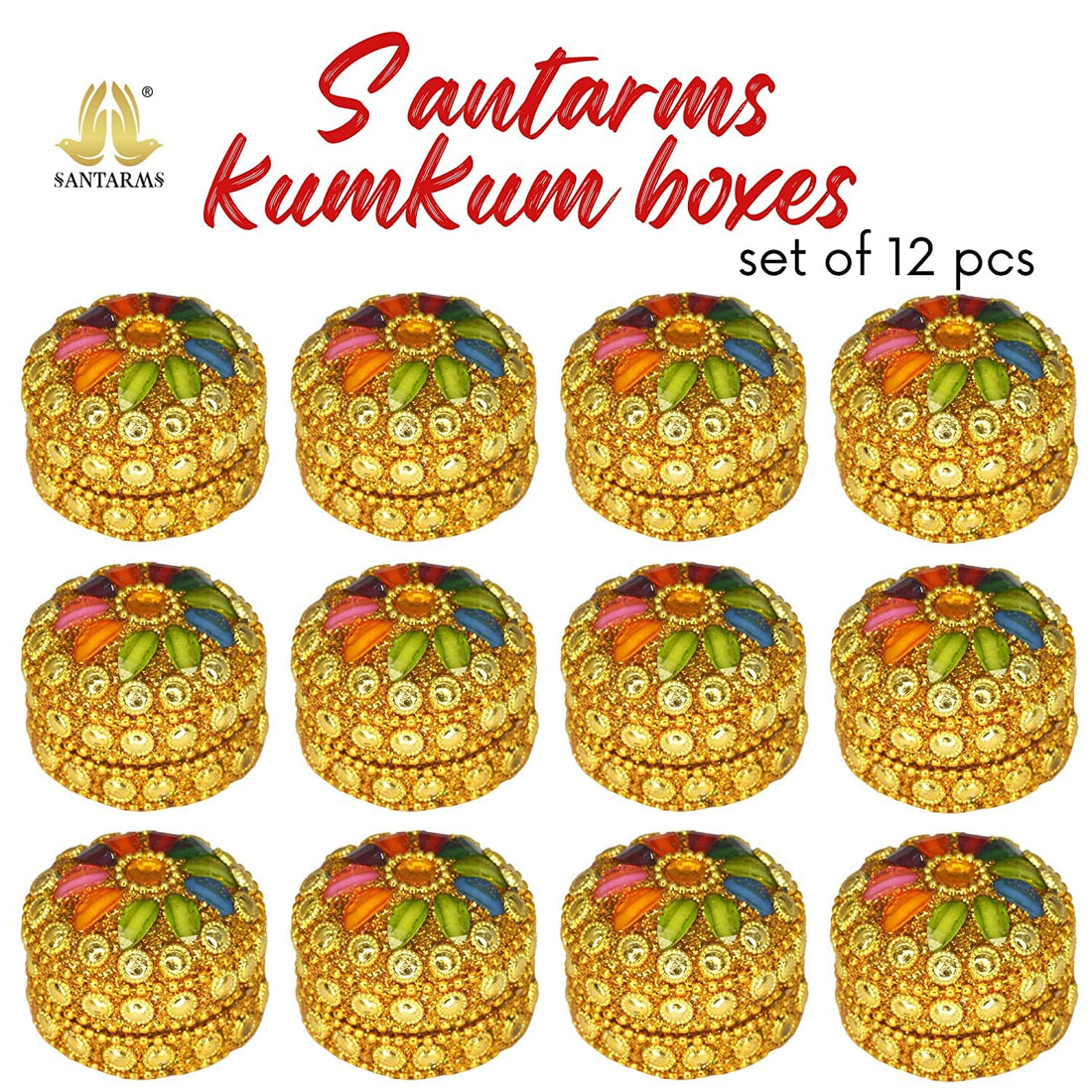 santarms Handmade Golden Small KumKum Box Handcraft Sindoor Box For Married Women Shadi Ka gifts| Kumkum Box Gift Fancy | Decoration Box For Gift & Fancy Sindoor Box | Sindoor Dibbi (Set Of 12)