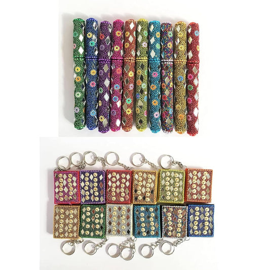 santarms Multicolor Antique Diary Vintage Handicraft Rajasthani Work Diary Key Chain with Lak Pen - 10 Pen and 10 diary : total items : 20 Pieces Combo